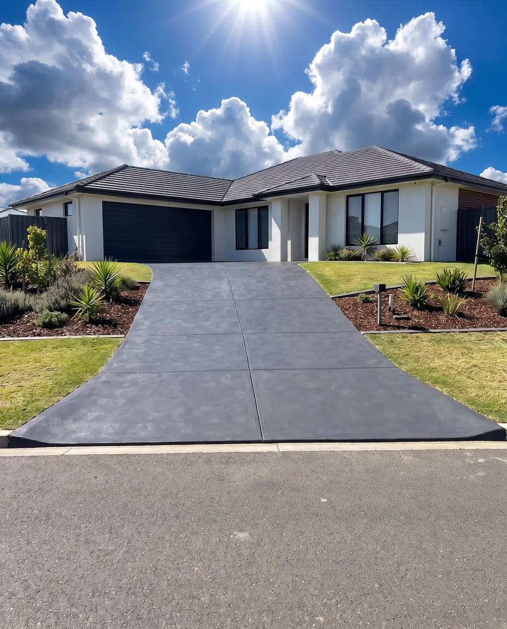 Finished charcoal coloured concrete driveway after