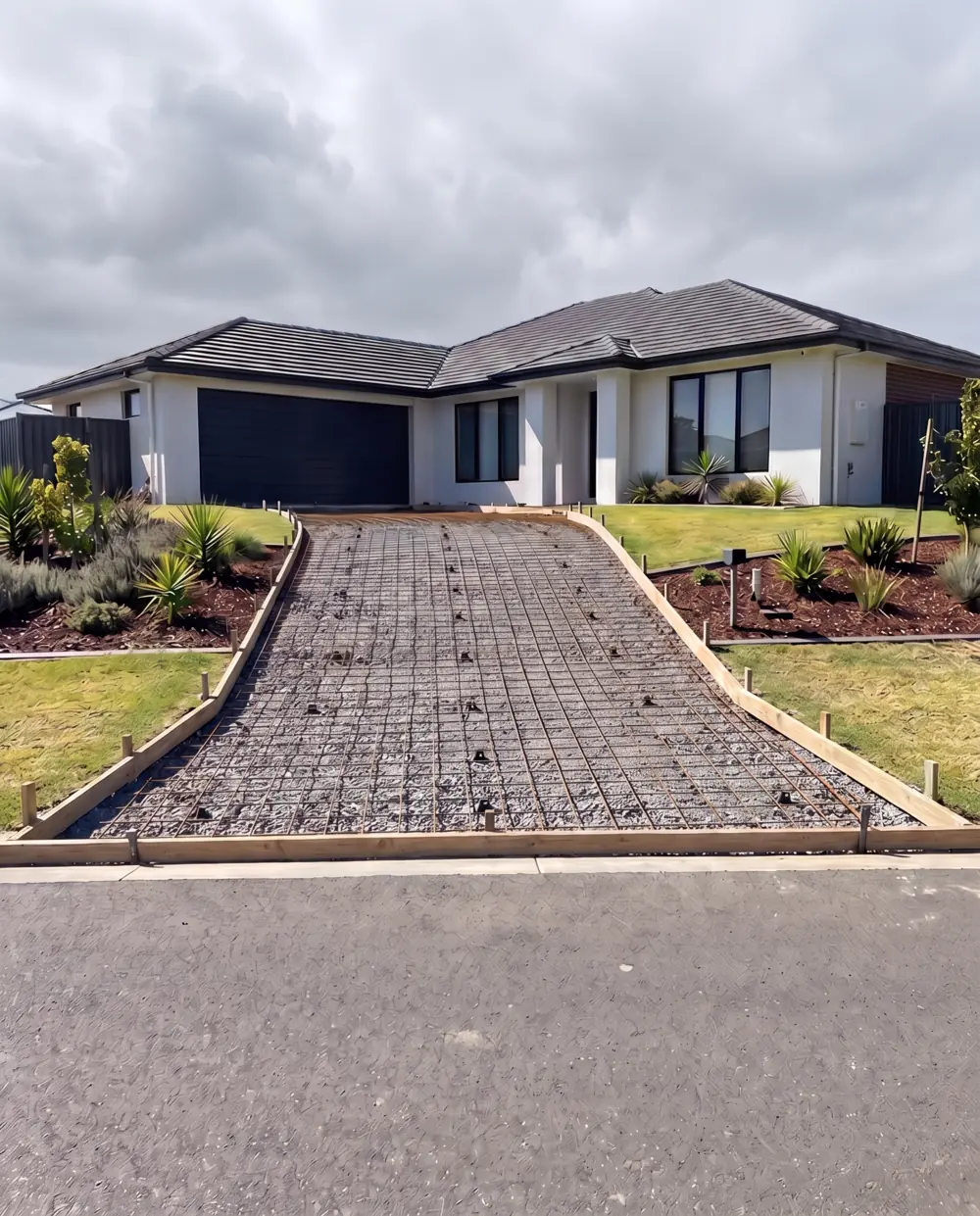Driveway prepped with timber formwork and steel reinforcing mesh before the pour