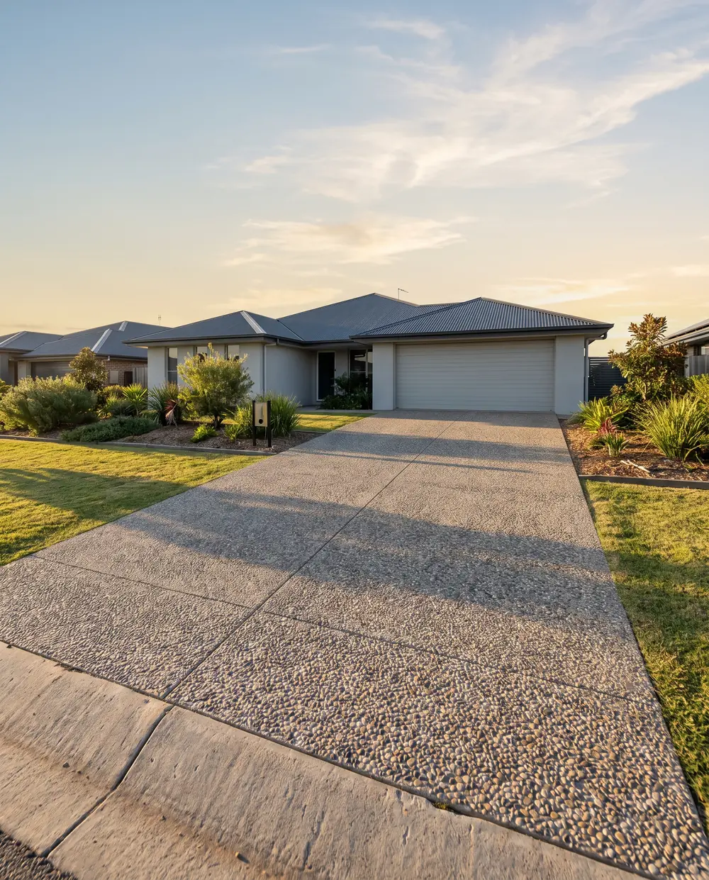 New exposed aggregate concrete driveway after