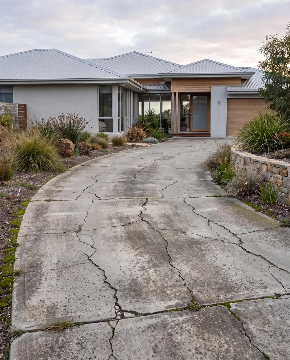Old cracked faded grey concrete driveway before