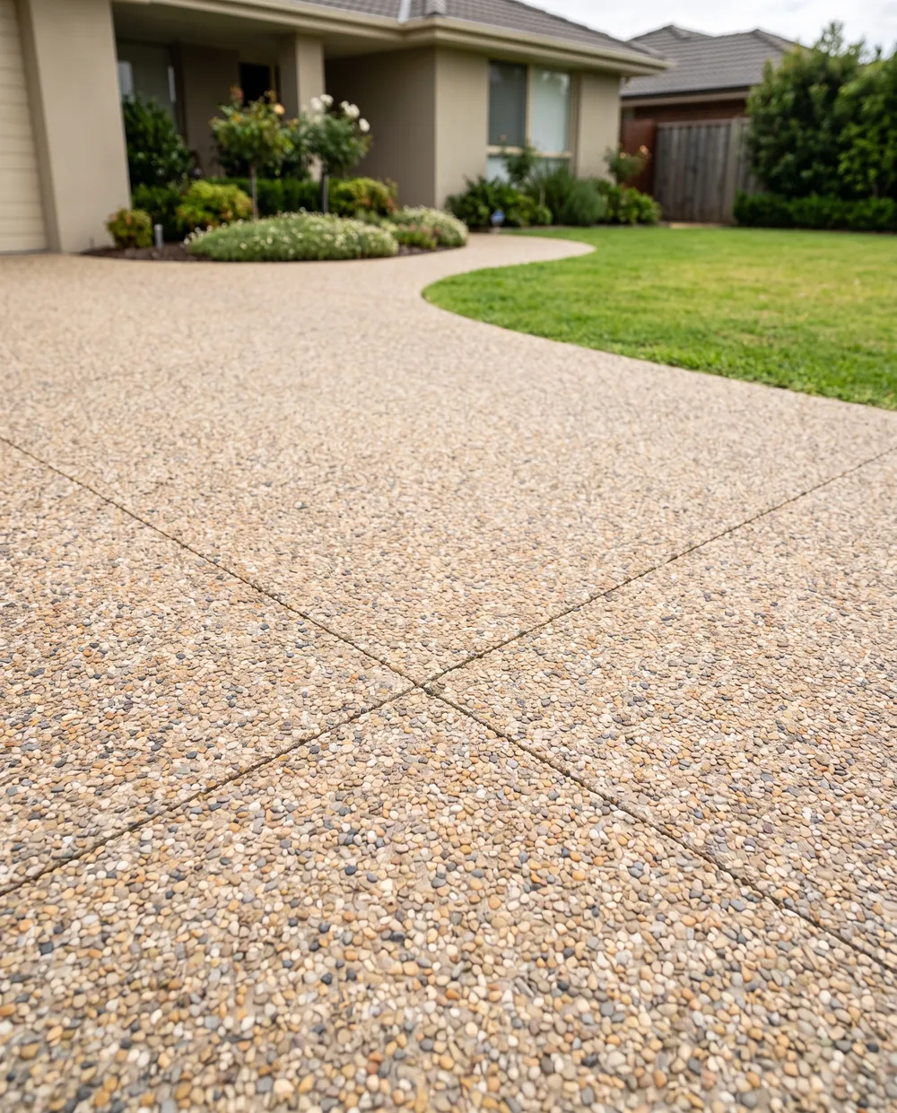 New exposed aggregate concrete driveway after