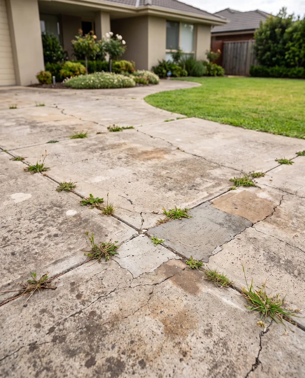 Old cracked concrete driveway with weeds before