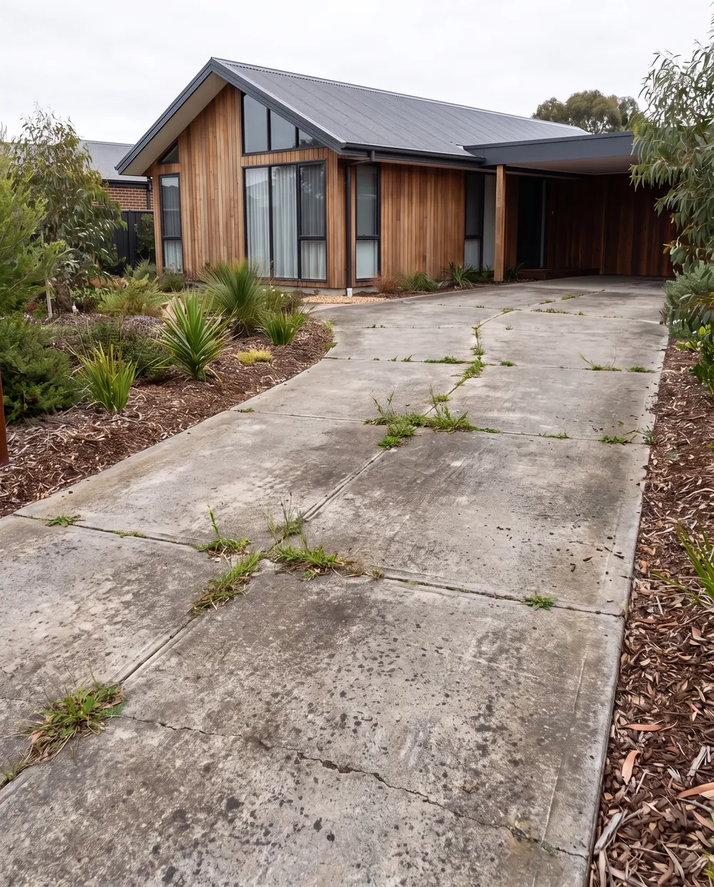 Old plain cracked concrete driveway before