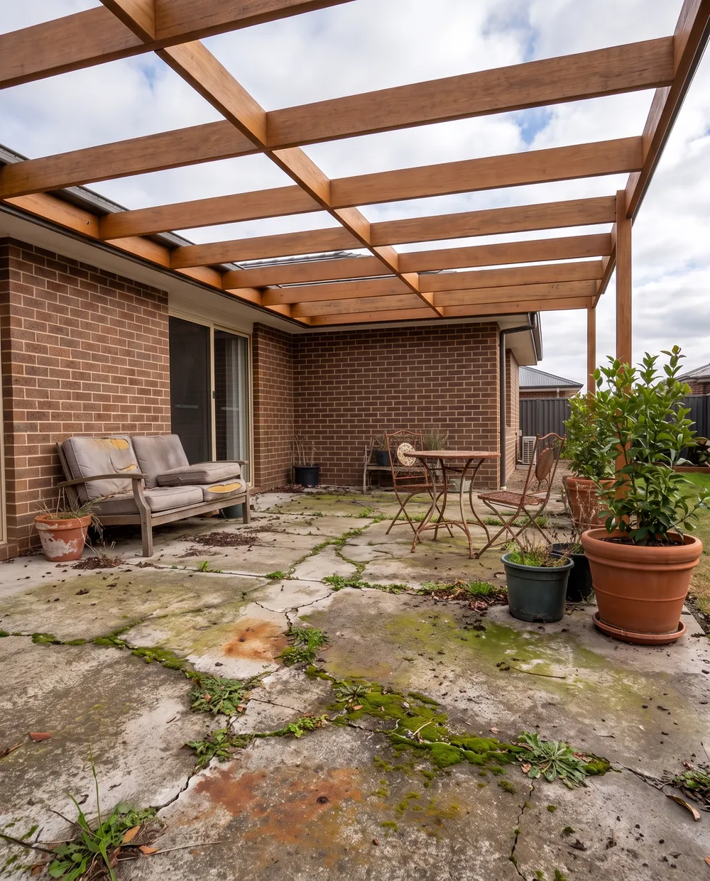 Old cracked mossy patio cluttered with worn furniture before