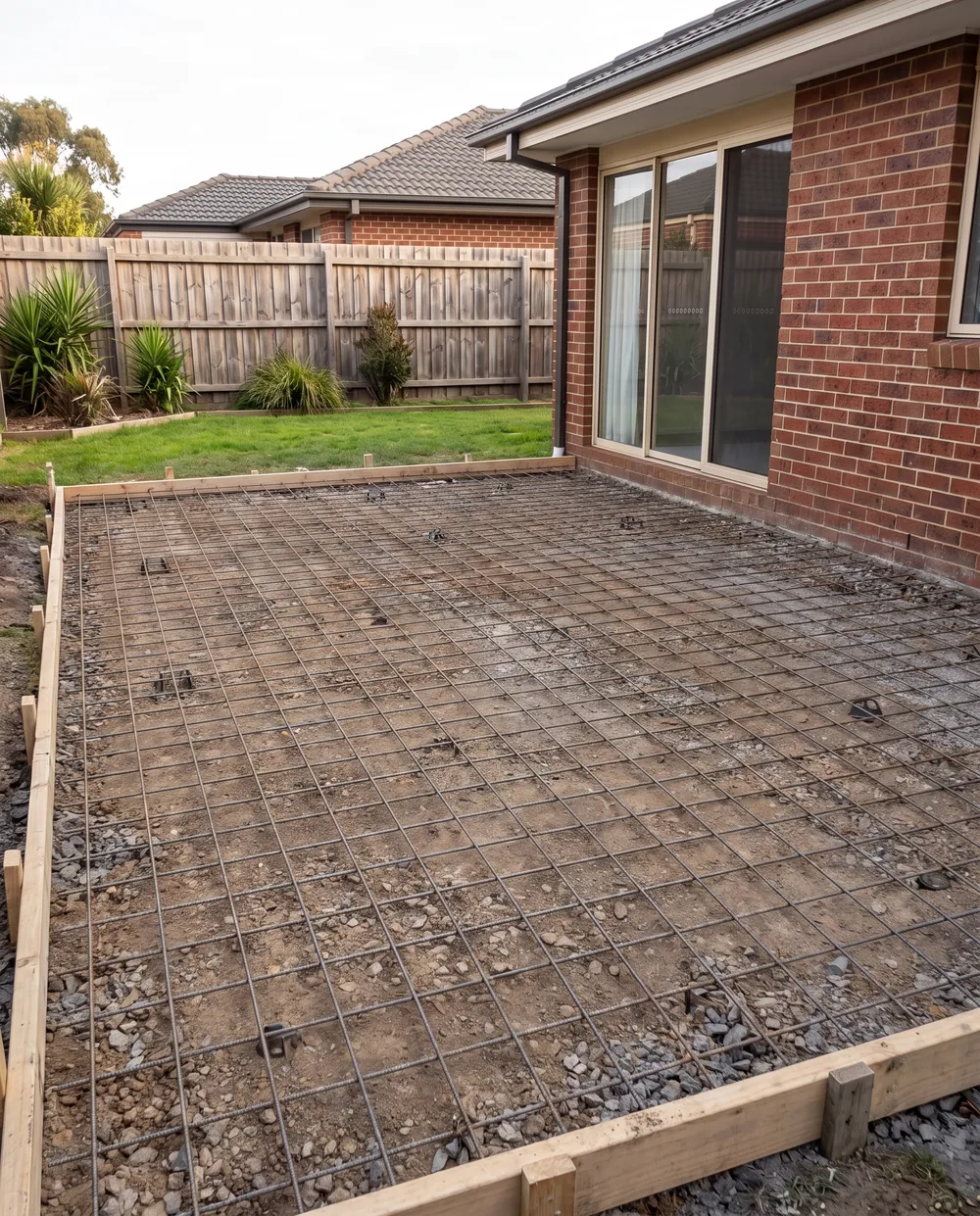 Backyard slab prepared with formwork and reinforcing mesh before the pour