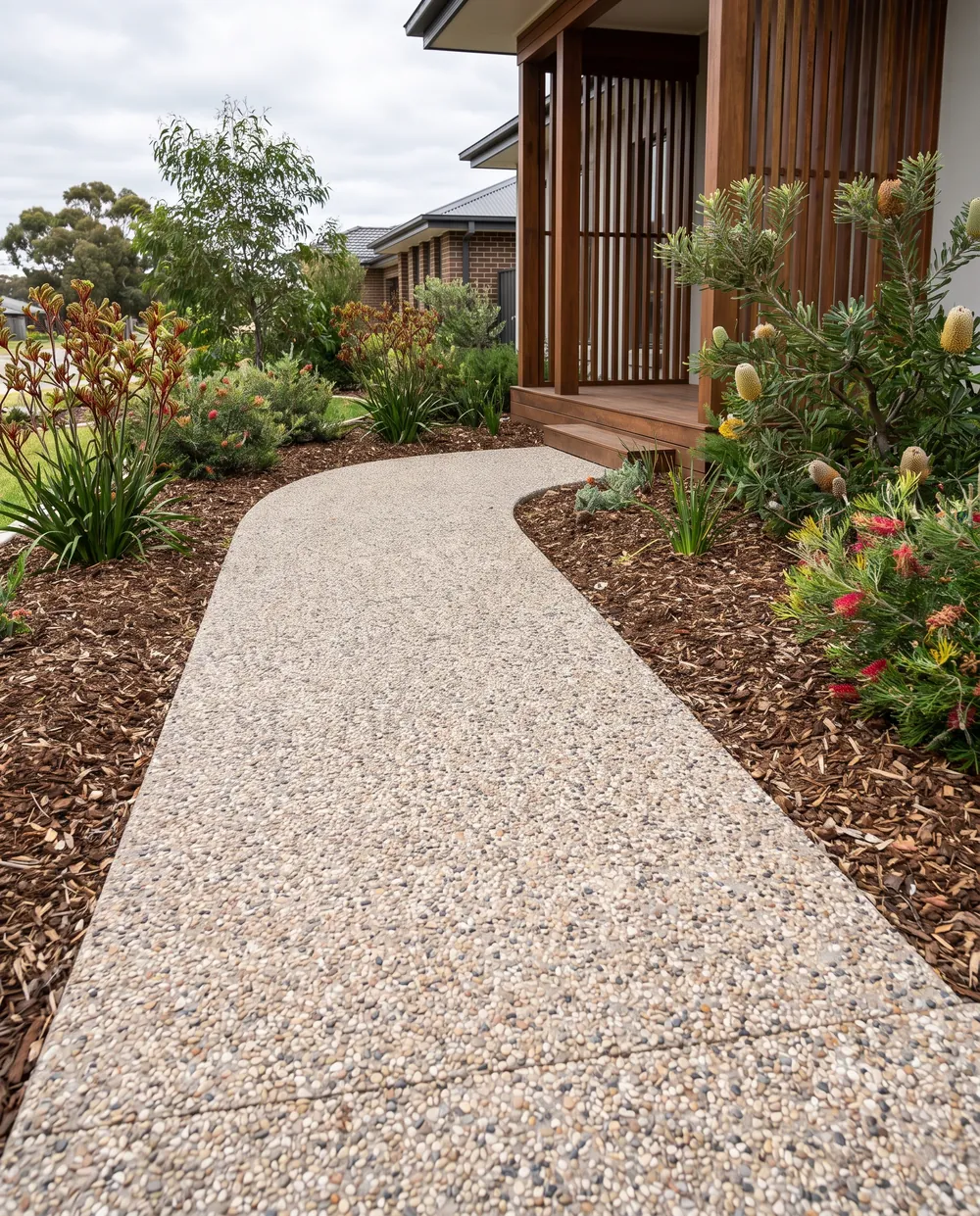 New exposed aggregate concrete garden path after