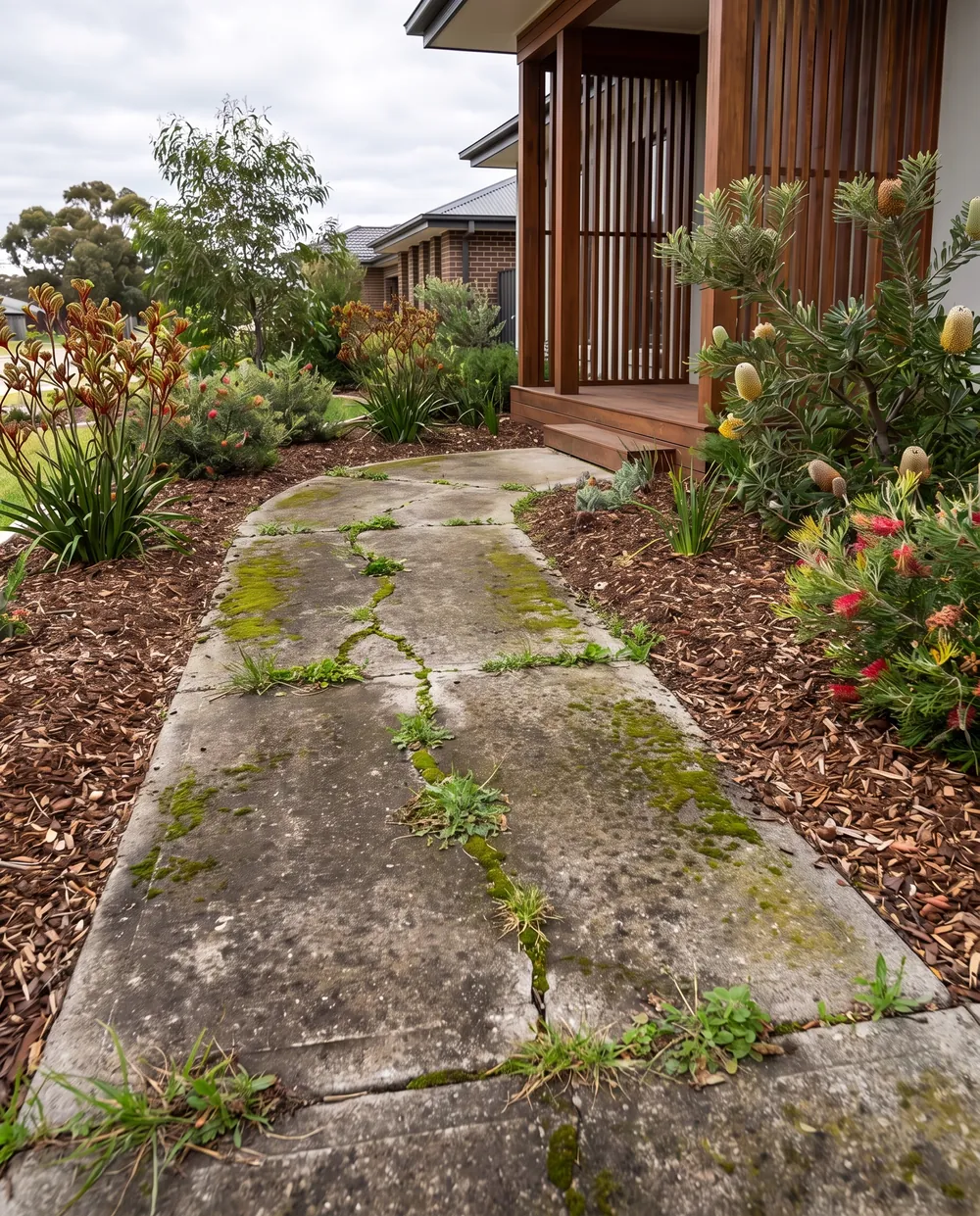 Old cracked mossy garden path before