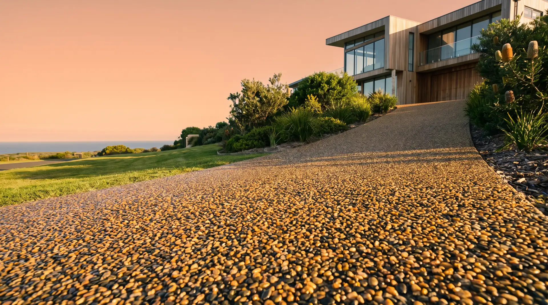 Finished exposed-aggregate concrete driveway at golden hour