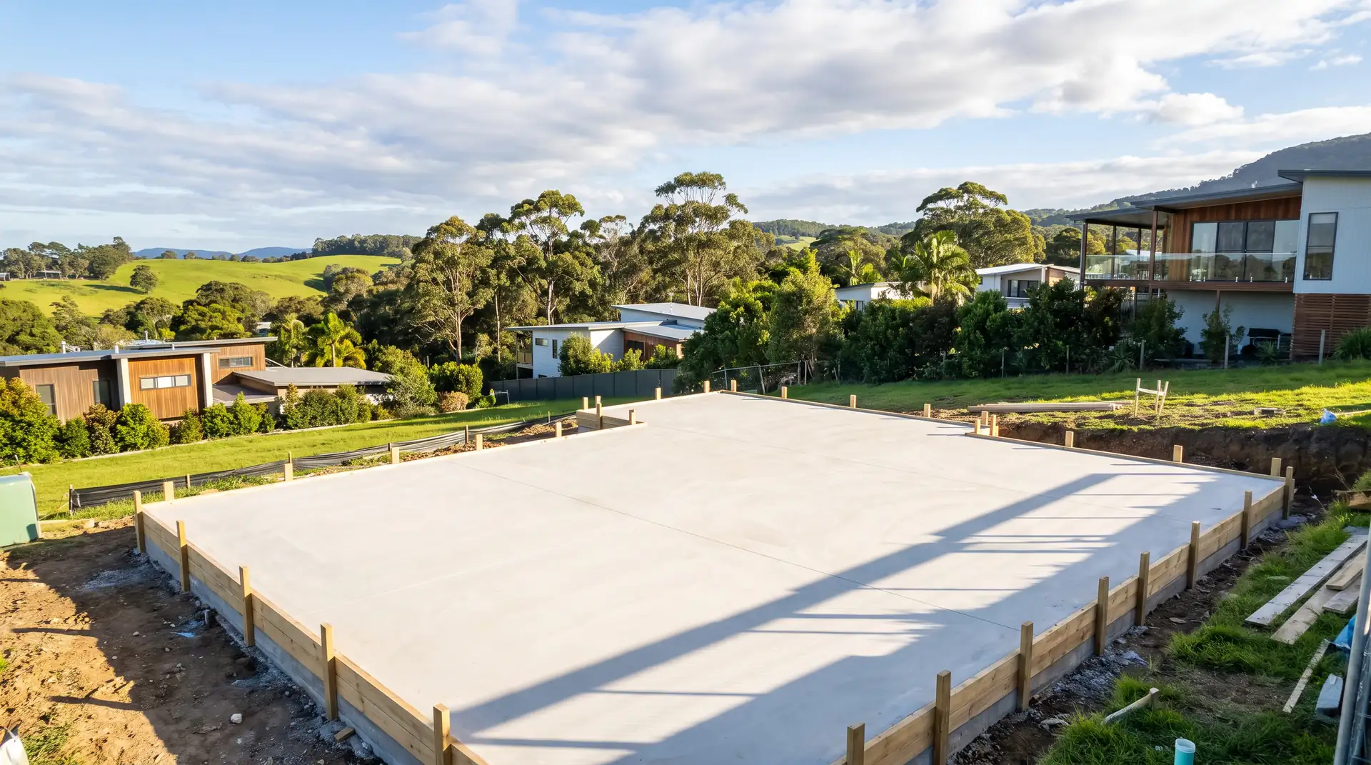 Freshly poured house slab on a coastal building site